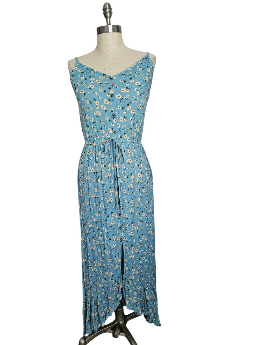 NWT REWIND Blue Floral Faux Button Front Ruffle Hem Maxi Dress | SZ M - Picture 1 of 11